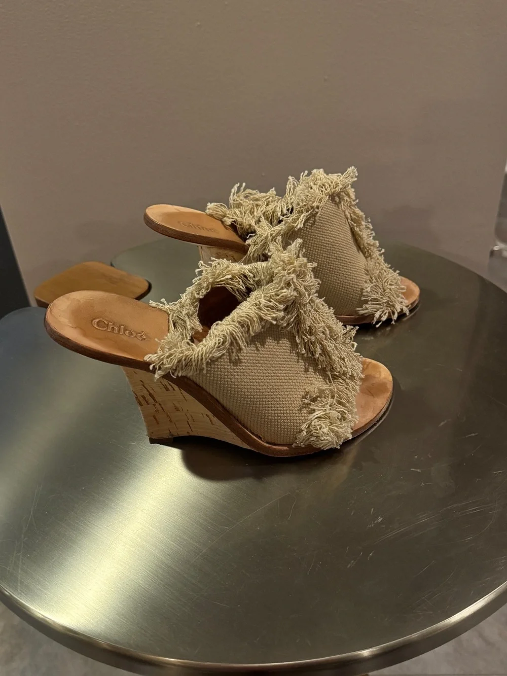 Chloé Frayed Canvas Slide Sandals Biscotti Beige 37.5 CH22505